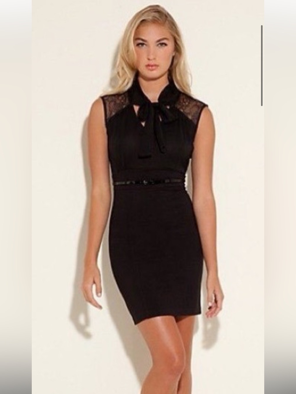 Guess Black Lace-Shoulder Tie-Neck Mini Dress